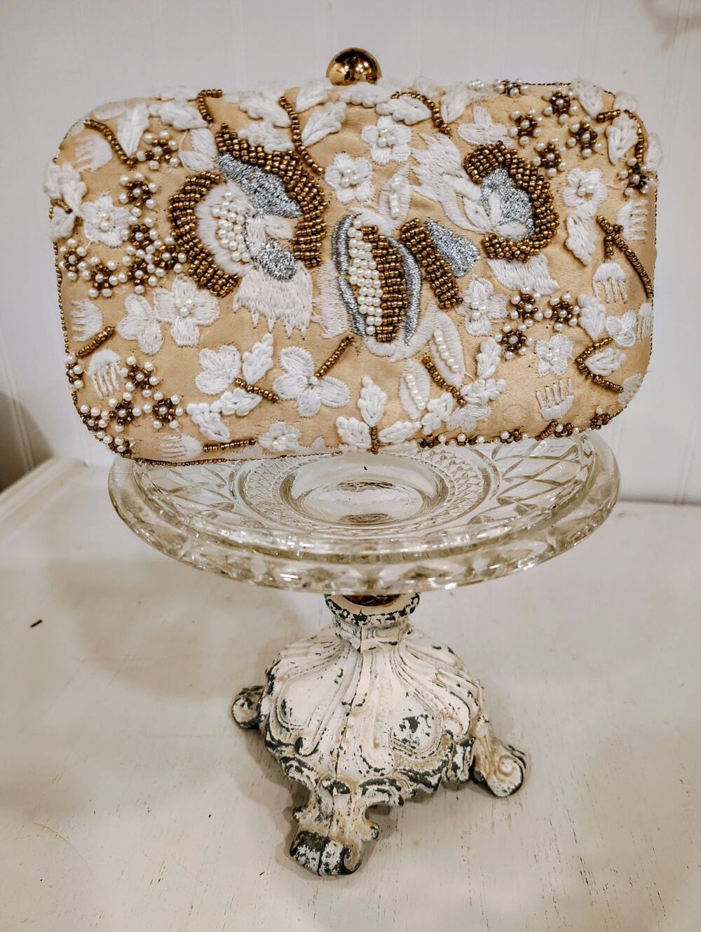 NEW Badgley Mischa "Jewel" Champagne Beaded Embroidered Formal Purse w Strap